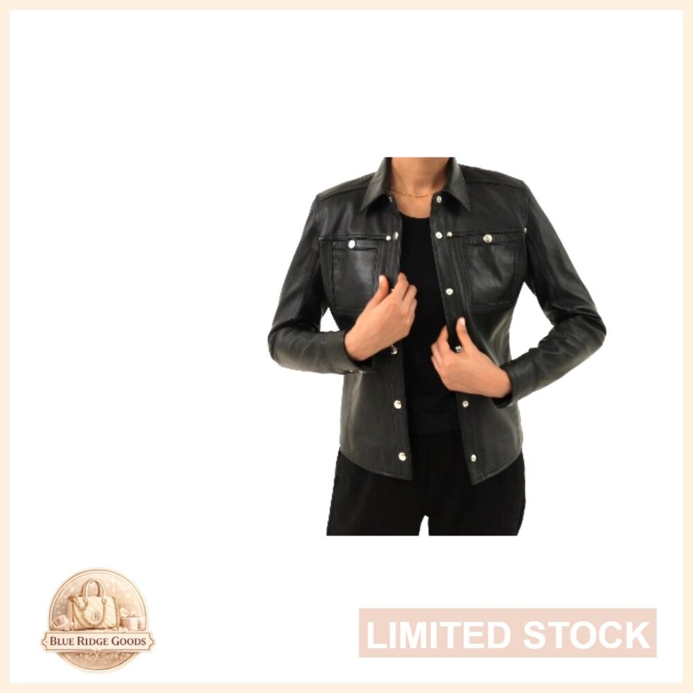 Lambskin Leather Shacket Snap Button Long Sleeve … - image 7